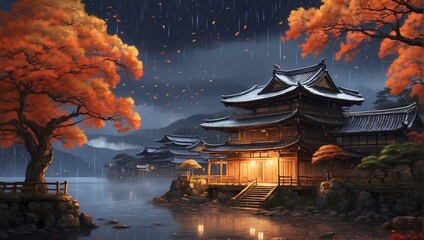 Obraz premium Beautiful japanese temple in the night rainy.Generative AI