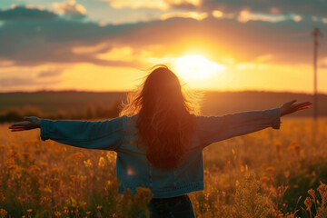Woman in hay or grass field smiling with arms wide open during sunset, concept of freedom and hapiness