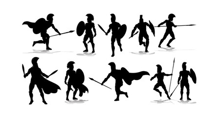 Spartan Silhouette Gladiator Trojan Greek Warrior. Spartan helmet sign. Warriors and soldiers great set collection clip art Silhouette , Black vector illustration on white background V1