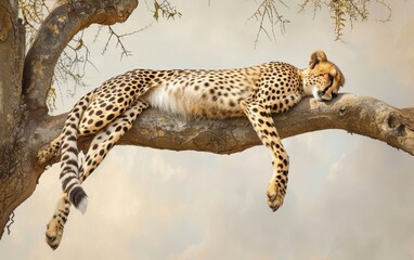 A majestic cheetah lounges on a tree branch, its spotted coat contrasting with the textured bark, under dappled sunlight.
