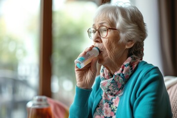 Senior woman uses asthma inhaler to treat asthma symptoms while sitting at home.