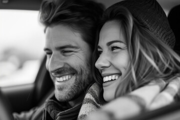 Happy couple sitting inside a car smiling 