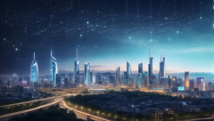 Fototapeta na wymiar Smart city skyline with interconnected buildings, digital displays, and a network of lights - Architectural digital background for technology and connectivity brochure template.
