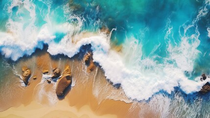 Fototapeta na wymiar Overhead photo of crashing waves on the shoreline Tropical beach surf Abstract aerial ocean view , generated by AI