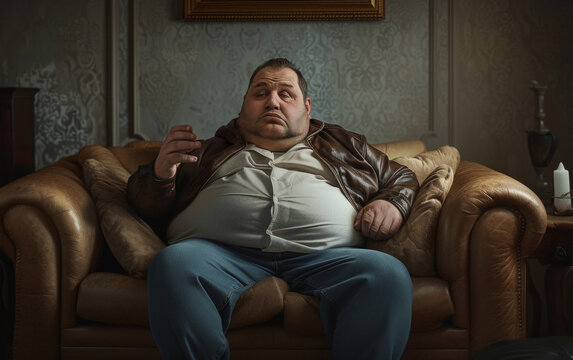 A relaxed fat man on a leather sofa, holding a remote control, in a room with elegant wallpaper.