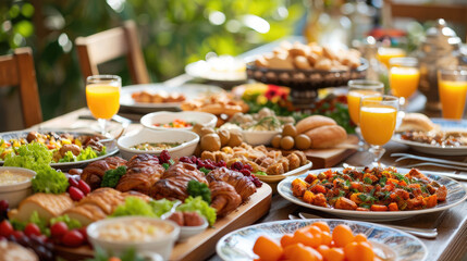 Fototapeta na wymiar A lavish spread of brunch items, from pastries to fresh salads, on a sunny table
