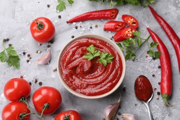 Flat lay composition with organic ketchup in bowl on grey textured table. Tomato sauce
