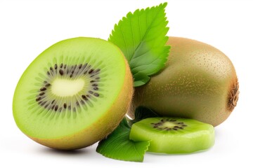 Two juicy kiwis on a white background, fresh and vibrant fruit photography