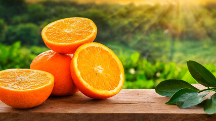 oranges on a table with nature background, green, orange, tangerines, orange slices, wooden...