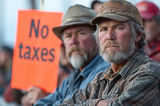 Farmer holding a sign with the inscription "No Taxes" against the backdrop of the countryside. Concept: protest movement against tax pressure on agriculture or illustration of socio-economic studies o