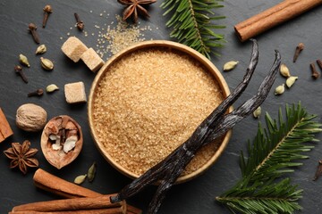 Fototapeta na wymiar Different aromatic spices and fir branches on dark textured table, flat lay