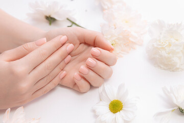 Stylish trendy nail young woman hands pink manicure on white background with flowers, banner cosmetic and beauty care