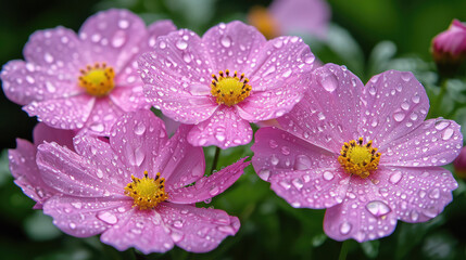 Pink anemones with fresh raindrops close-up.