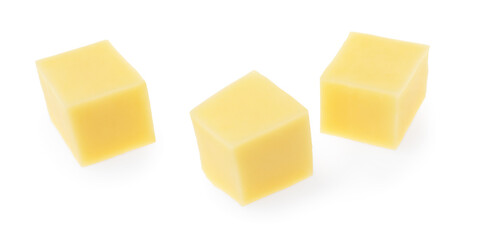 Cubes of tasty cheese isolated on white