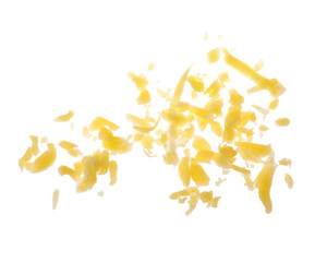 Tasty grated cheese isolated on white. Dairy product