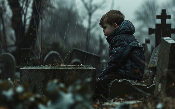 An emotional scene of a sad child sitting alone by a grave in a cemetery, mourning under the pouring rain.