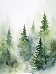 Watercolor Forest tree illustration, Woodland pine trees, Green Forest landscape, holiday, card, poster, print, transparent background, new year, generative AI