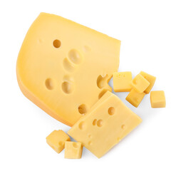 Cut fresh delicious cheese isolated on white, top view