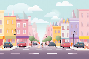 Fototapeta premium Urban Cityscape: A Busy Street in a Modern Town with Vibrant Architecture and Lush Tree-Lined Roads.