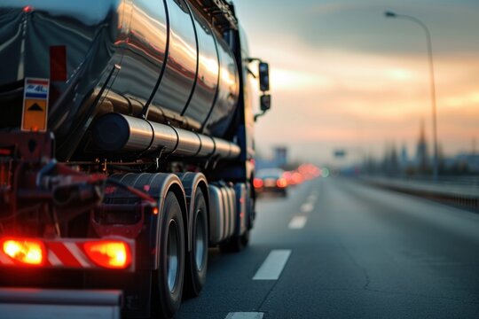 Rear view of a tanker truck on the road. Truck transports fuel on city roads.