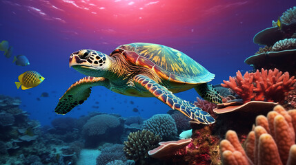 Fototapeta na wymiar Green sea turtle swimming in a tropical coral reef. Marine life. Green sea turtle swimming in the deep blue ocean. Sea tortoise. 