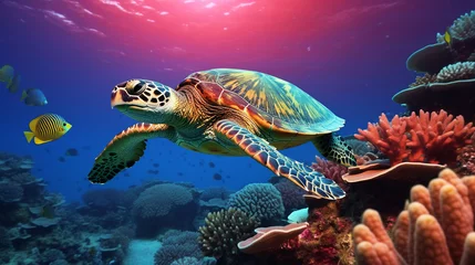 Wandaufkleber Green sea turtle swimming in a tropical coral reef. Marine life. Green sea turtle swimming in the deep blue ocean. Sea tortoise.  © Nadezhda