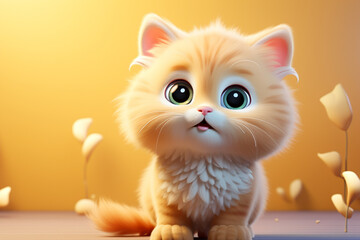Adorable 3D cartoon yellow cat portrait on a yellow background.
