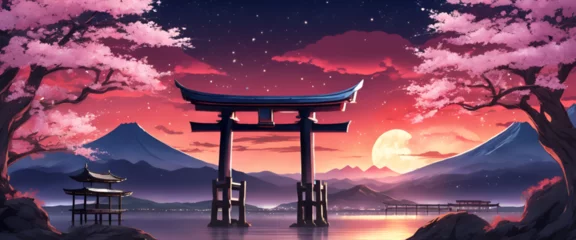 Tuinposter Paars Colorful Vibrant Anime Torii Gate Japanese Landscape with Sakura and Galactic Sky Ultrawide Background