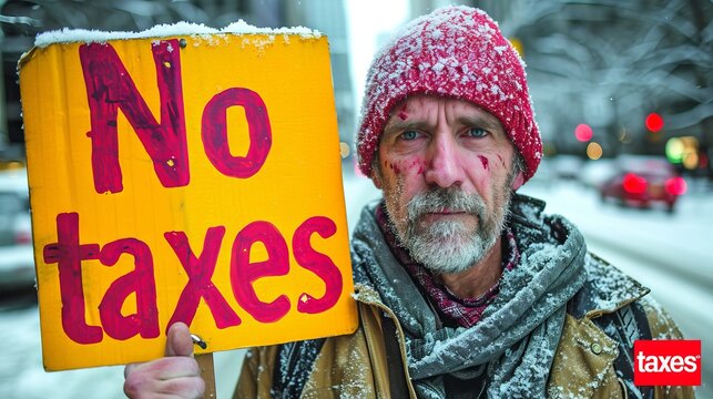 Farmer holding a sign with the inscription "No Taxes" against the backdrop of the countryside. Concept: protest movement against tax pressure on agriculture or illustration of socio-economic studies o