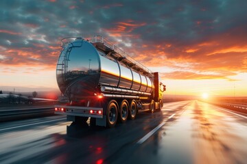 Rear view of big metal fuel tanker truck in motion shipping fuel to oil refinery