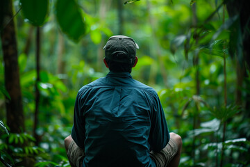 Hiker in green rainforest surrounded with plants and trees, concept of contemplation and being one with nature 