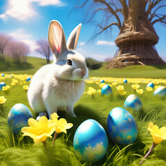 Easter bunny with Easter eggs on a green meadow. Daffodils are blooming yellow.