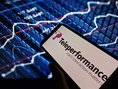 Konskie, Poland - January 27, 2024: Teleperformance company logo displayed on mobile phone