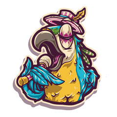 Psychedelic art cartoon illustration a singer parrot lofi music trippy fly so high, unique character style useable for tshirt sticker and any merchandise and good printable resolution