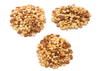 Mix of nuts isolated on white background. Top view.