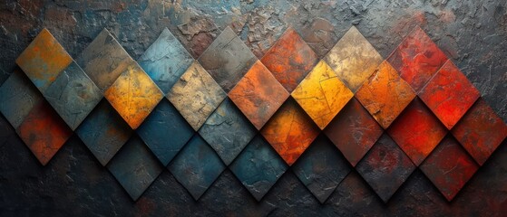  Colorful Tiles on a Wall,  Artistic Decoration of Triangles and Squares,  Unique Pattern of Shapes on the Wall,  Abstract Design with Triangular and Square Elements.