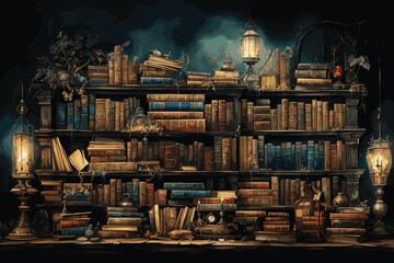 Old library with a lot of bookshelves, cabinet with many books digital illustration, magical archive of knowledge concept art