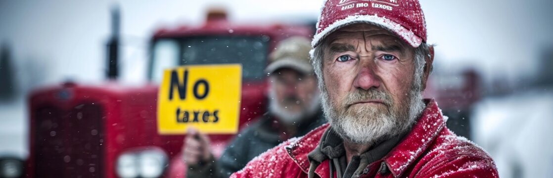 Farmer holding a sign with the inscription "No Taxes" against the backdrop of the countryside. Concept: protest movement against tax pressure on agriculture or illustration of socio-economic studies o