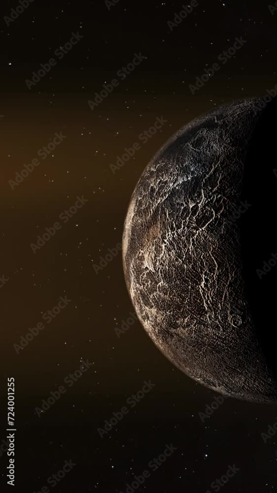 Sticker bright moon slowly turning in space concept with deep shadows over the surface vertical profile