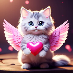Fluffy cute cat holds a pink heart in its paws. Angelic cat with wings for valentine. Card for birthdays, mother's day, Valentine's day, women's day.