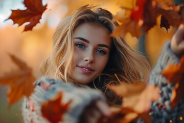 Attractive girl in autumn forest, orange leaves, portrait photography 