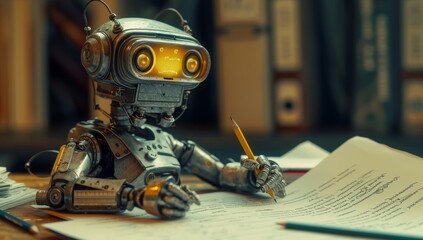 A playful cartoon robot constructs a lego book, pen in hand, in its indoor workshop, bringing a fictional character to life