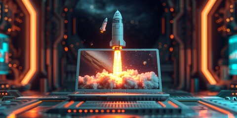 Space Rocket Launching from Laptop Concept.