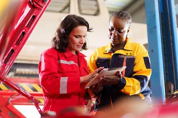 Female hispanic and African black ethnicity vehicle technicians examining or inspecting inside the...