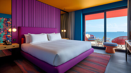 Modern vibrant hotel room with ocean view balcony