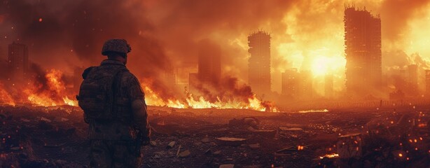 Amidst the blazing inferno, a lone firefighter stands, battling the scorching heat and suffocating smoke to save a city consumed by destruction and pollution - obrazy, fototapety, plakaty