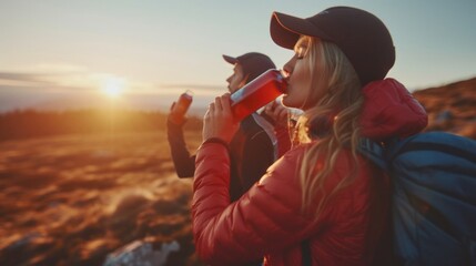 Woman Drinking From Red Bottle While Standing on Mountain Peak Generative AI - obrazy, fototapety, plakaty