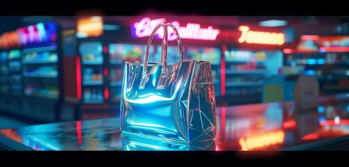 Holographic handbag, empty, reflecting supermarket lights in a futuristic display.