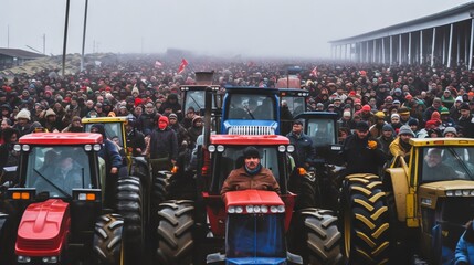 mass gathering with farmers on tractors showing unity and solidarity in protest. a symbol of general discontent and demands for change. Concept: social movements, agricultural policy and civil protest - obrazy, fototapety, plakaty