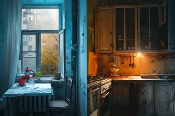 An abandoned kitchen with decaying cabinetry and a dirty sink, revealing the neglect and despair that once filled this indoor space - obrazy, fototapety, plakaty